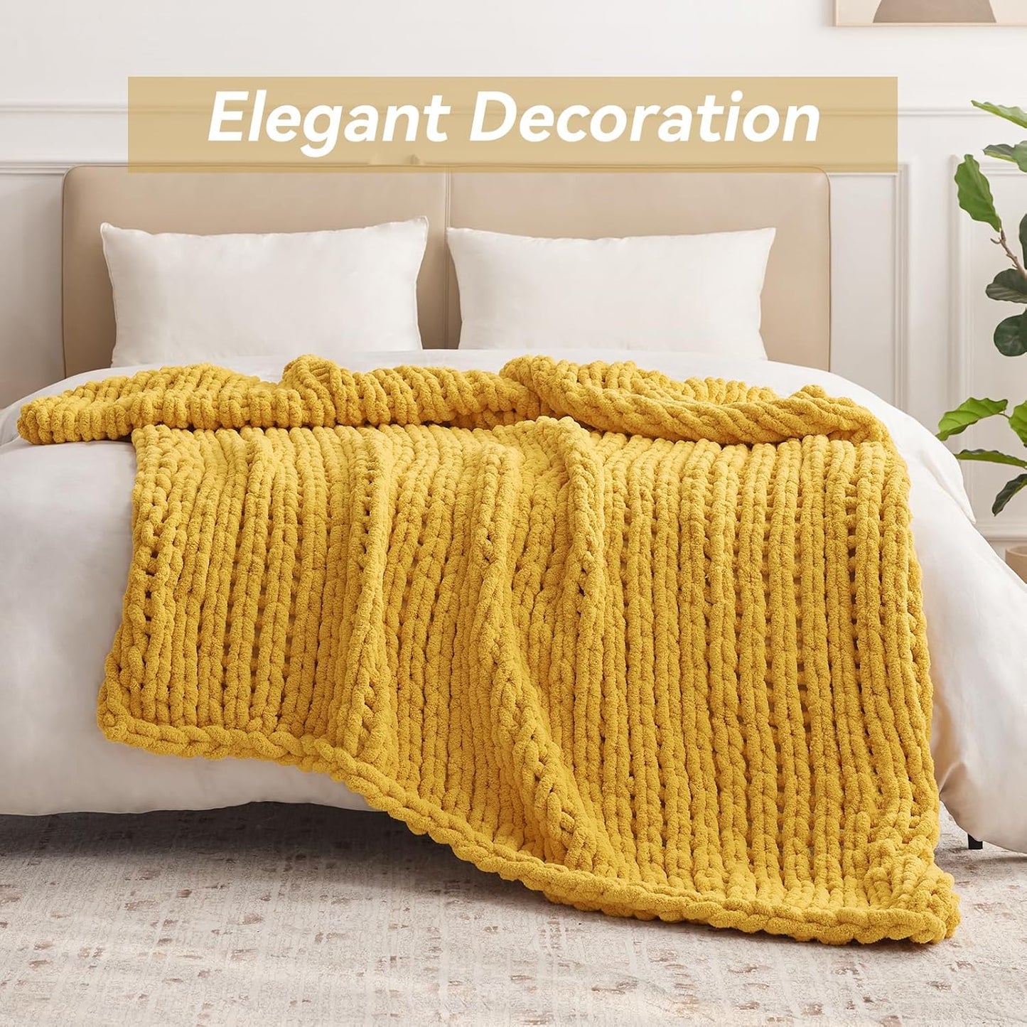 Chunky Knit Throw Blanket, 50''*60'' Knitted Throw Chenille Yarn for Bed Couch, Handmade Yellow