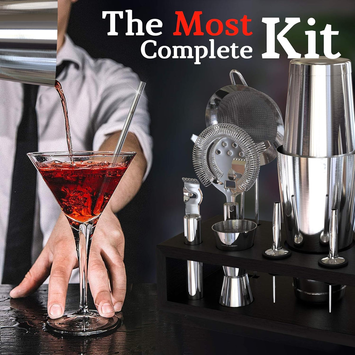 Highball & Chaser 13-Piece Boston Cocktail Shaker Set Stainless Steel Mixology Bartender Kit With