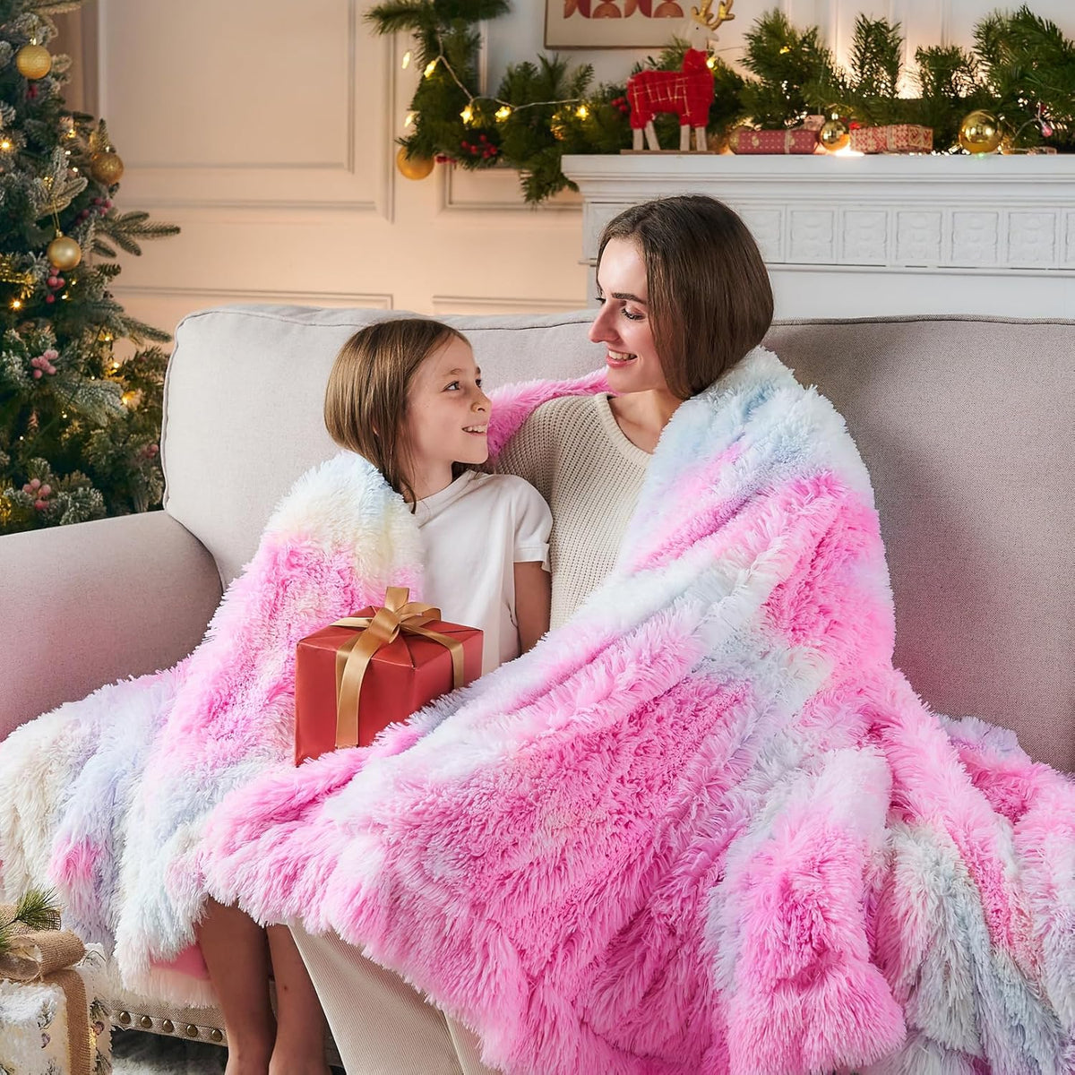 GONAAP Fuzzy Faux Fur Throw Blanket Tie-dye Rainbow Super Soft Cozy Plush Fuzzy Shaggy Blanket for