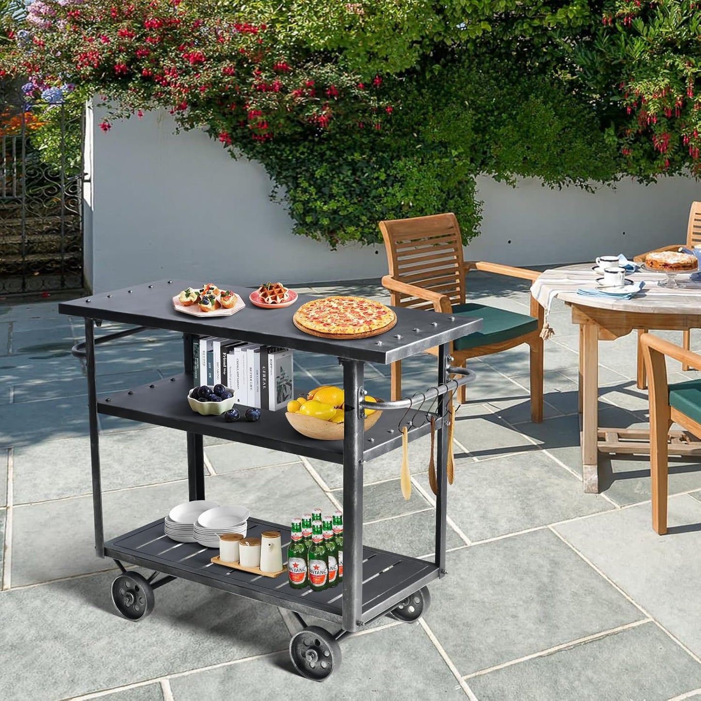 Diwhy Industrial 3 Tier Rolling Utility Storage Cart Wine Beverage, Metal Wine Rack with Wheels