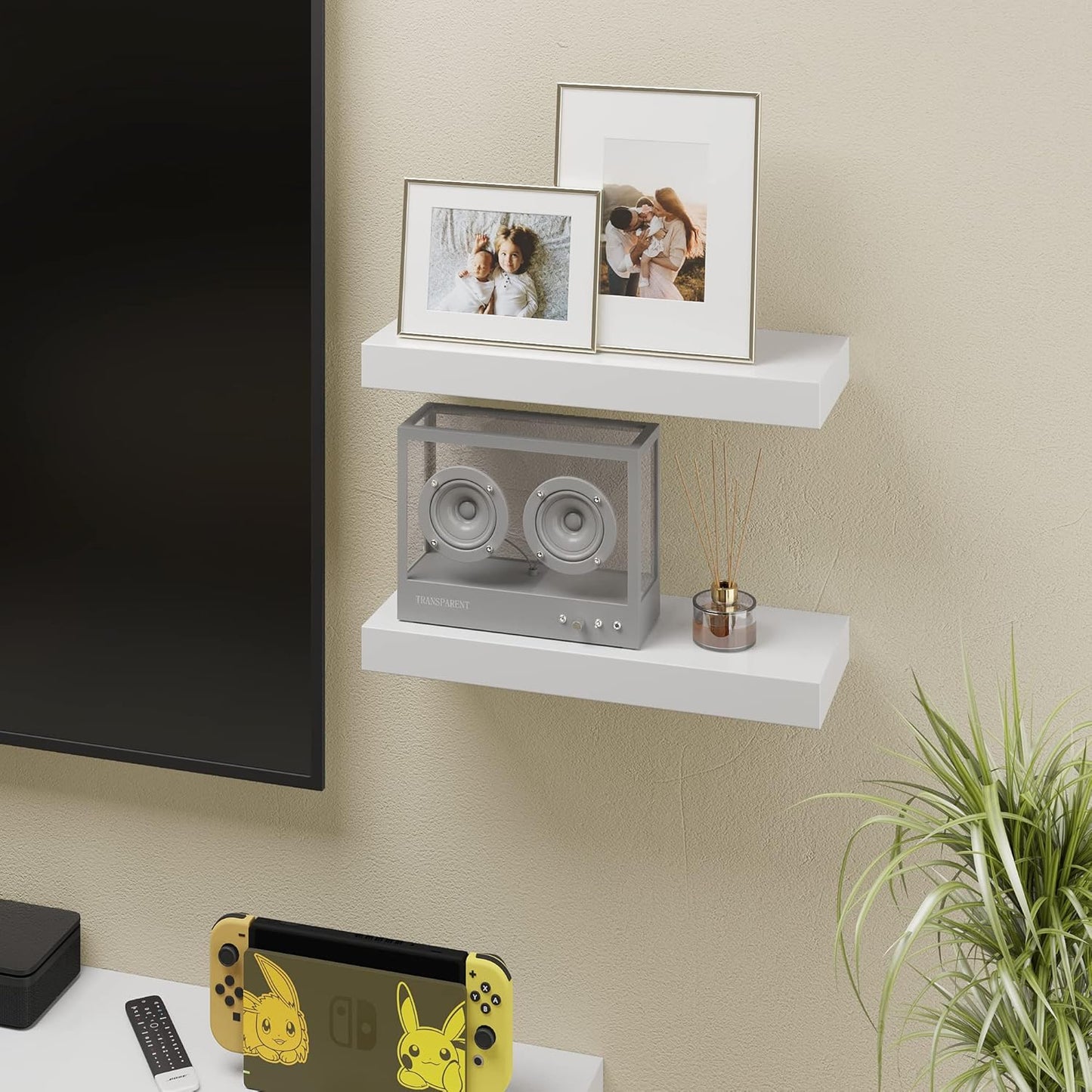 BAMEOS Floating Shelves, White Wall Mounted Wooden Shelves with Invisible Brackets Set of 2
