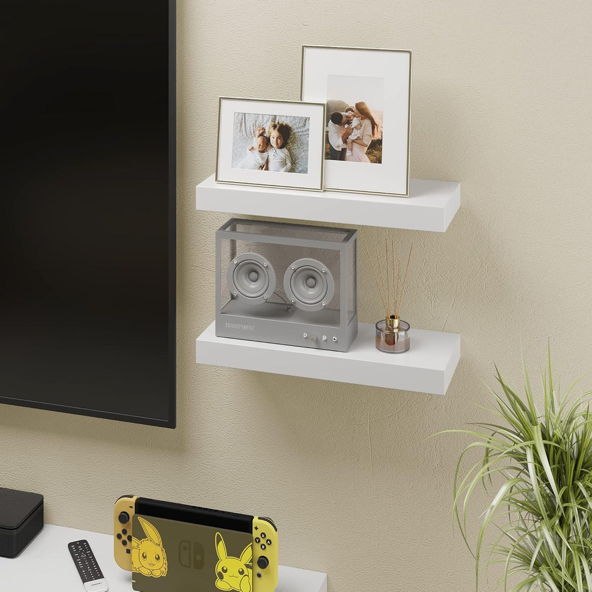 BAMEOS Floating Shelves, White Wall Mounted Wooden Shelves with Invisible Brackets Set of 2