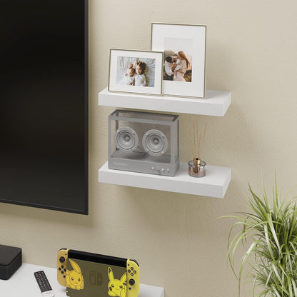 BAMEOS Floating Shelves, White Wall Mounted Wooden Shelves with Invisible Brackets Set of 2