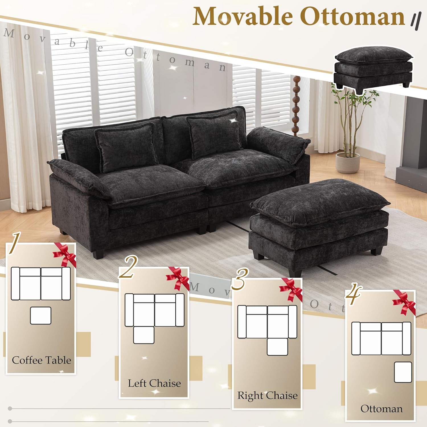 URRED Modular Sectional Sofa Comfy Cloud Couch, Modern Chenille Sofa Sleeper Deep Seat Couches with