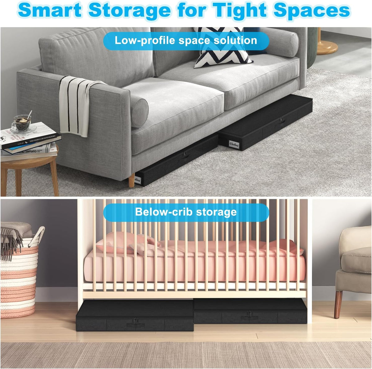 Under Bed Storage Container Bins 2 Pack, 4.5 Inch Slim Low Profile Underbed Clothes Storage