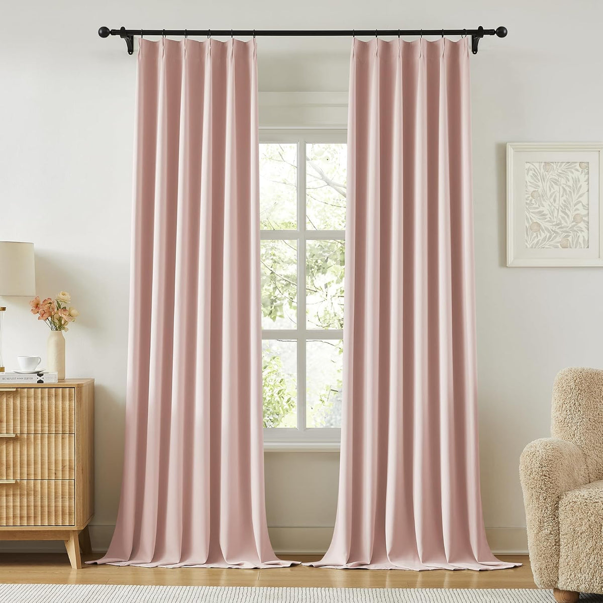 Baby Pink Pinch Pleat Blackout Curtains Drapes 96 Inches Long for Girls Bedroom, Pinch Pleated
