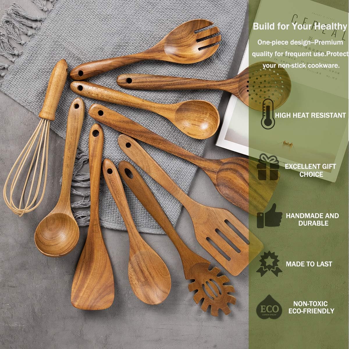 AIUHI 10 Pack Wooden Spoons for Cooking, Teak Wood Kitchen Utensils Set for Non Stick Use, Spatula