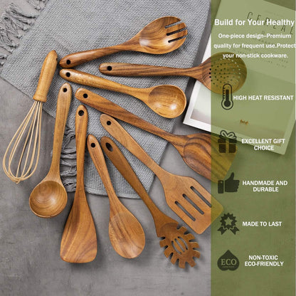 AIUHI 10 Pack Wooden Spoons for Cooking, Teak Wood Kitchen Utensils Set for Non Stick Use, Spatula