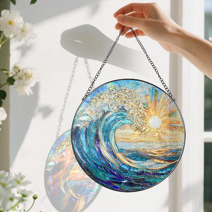 Sea Wave Stained Glass Suncatcher, 8 Inch Ocean Suncatchers for Window Hanging, Beach Lover Gifts