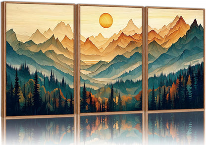 Tinonedraw Large Mountain Framed Canvas Wall Art Set of 3, Boho Nature Forest Wall Decor, Neutral