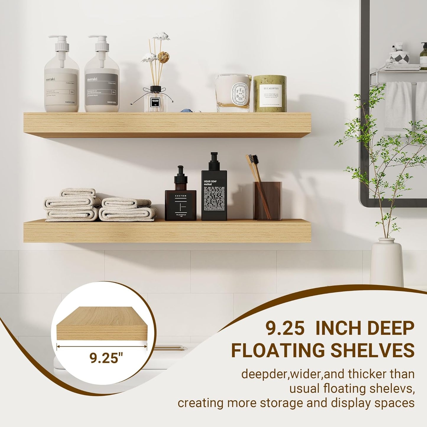 24 Inch Floating Shelves, 3D Textured Wood Grain, 24"x9.25"x1.5" Inch Deep Floating Shelves for