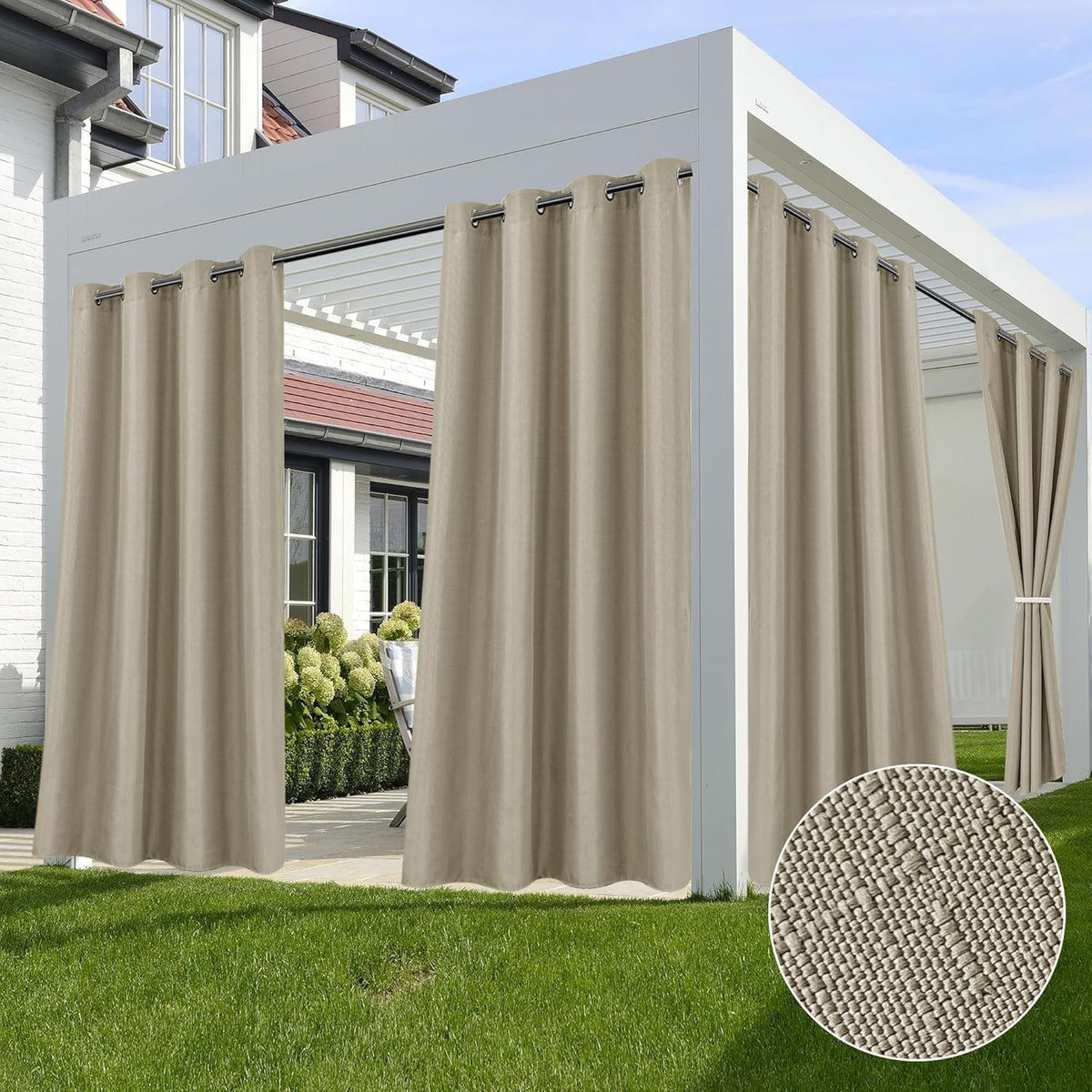 HolidayIdeas 4 Panels Linen Outdoor Curtains for Patio Waterproof Taupe Outside Curtains 108 inch