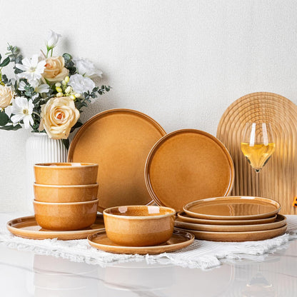 GBHOME Ceramic Dinnerware Sets for 4, 12 Pieces Stoneware Plates and Bowls Sets, Scratch Resistant