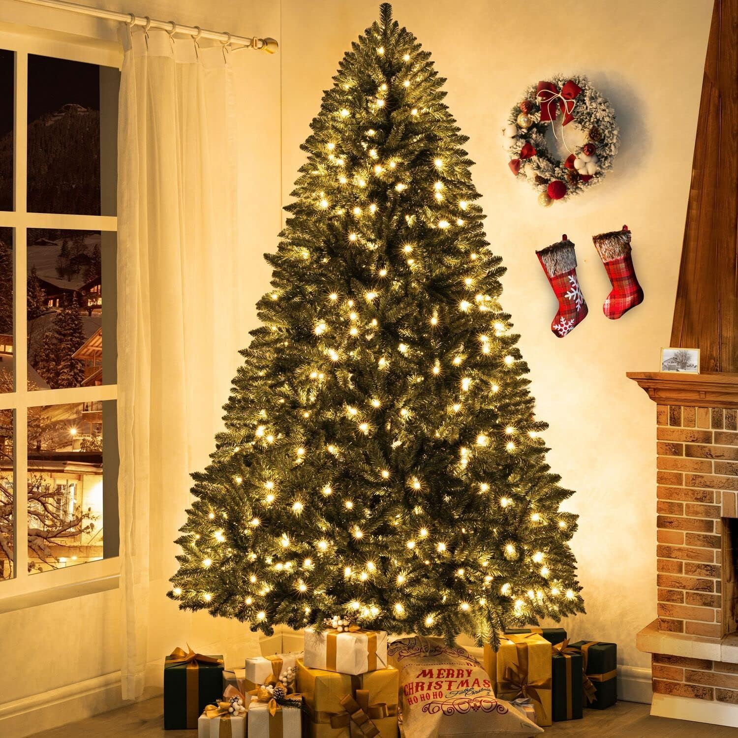 Prague 7.5ft Prelit Artificial Christmas Tree with Foot Pedal, 1717 Branch Tips, 550 Warm Lights