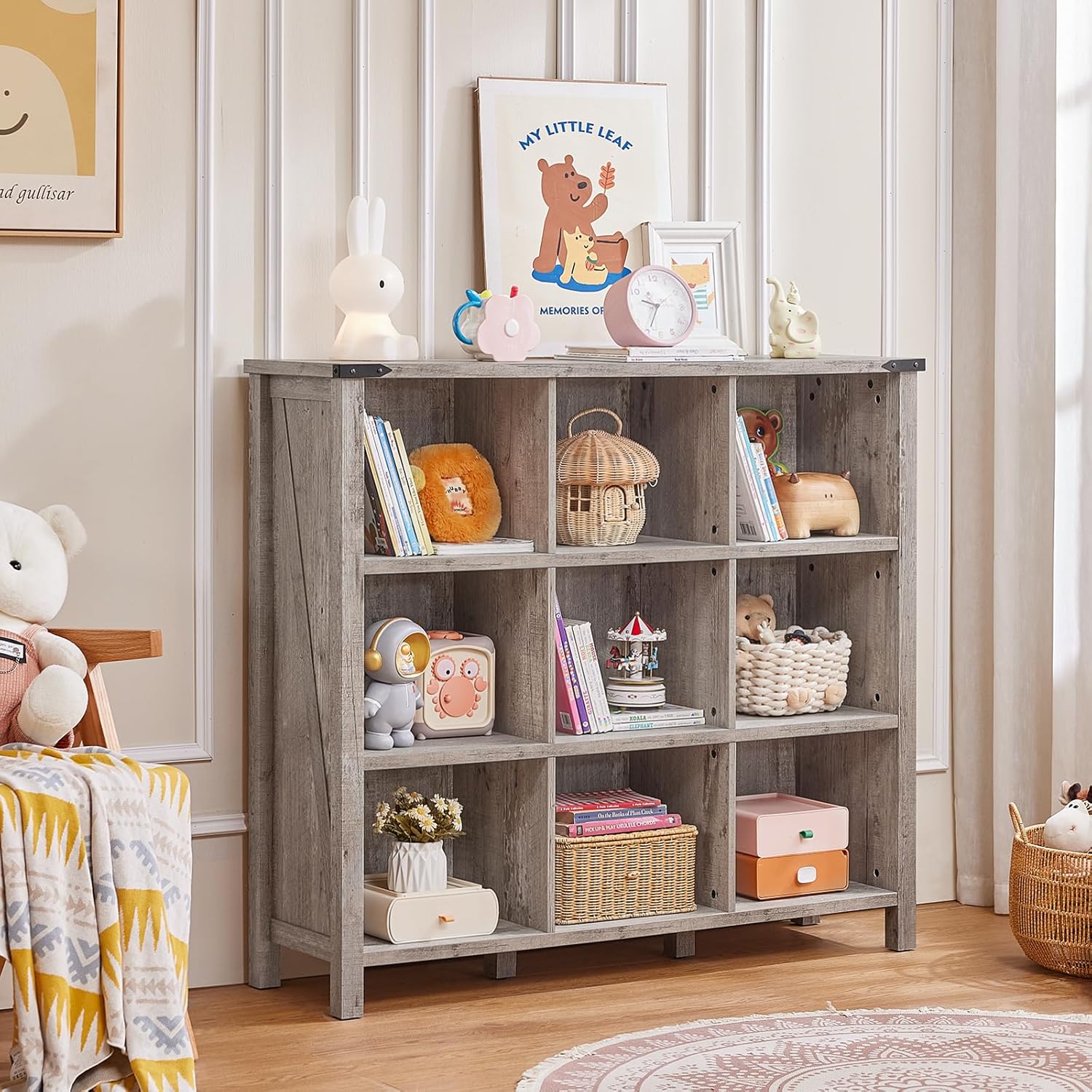 9 Cube Bookcase, Farmhouse 47 Inch Wide Grey Oak Bookshelf, Wooden 3 Tier Display Large Open Book