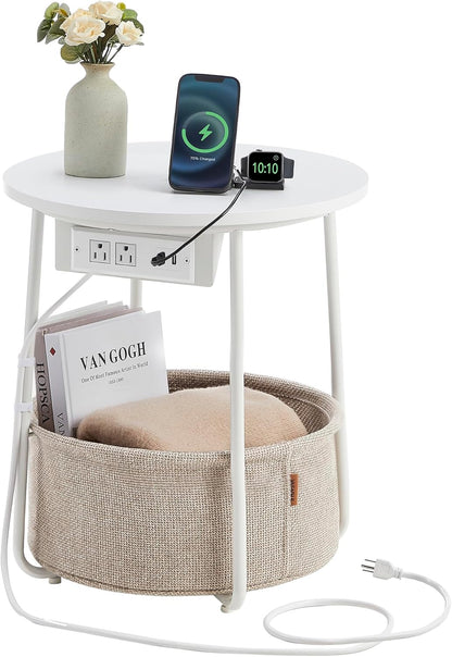 VASAGLE Side Table with Charging Station, Round End Table with Fabric Basket, Nightstand with Power
