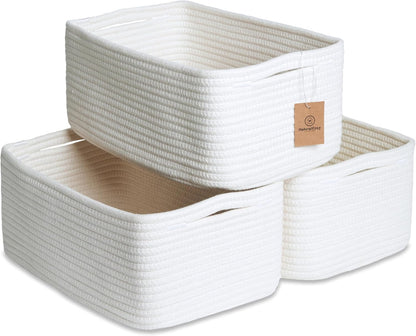 NaturalCozy 13.5”x8.5”x5.5” Storage Baskets for Shelves 3 Pack | Cotton Rope Woven Small Baskets