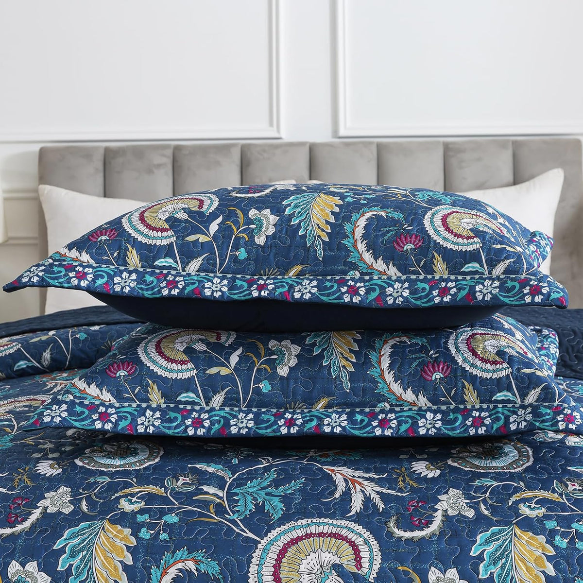 NEWLAKE Quilt Set King Size, Bedspread Sets Blue Botanical Floral Patterns, Reversible Quilt
