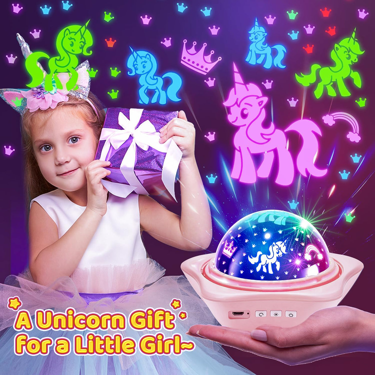 One Fire Unicorns Gifts for Girls Toys, 6 Films Unicorn Night Light Projector for