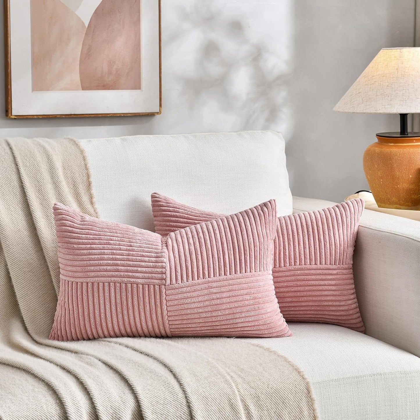 Fancy Homi 2 Packs Blush Pink Lumbar Decorative Throw Pillow Covers 16x32 Inch for Living Room