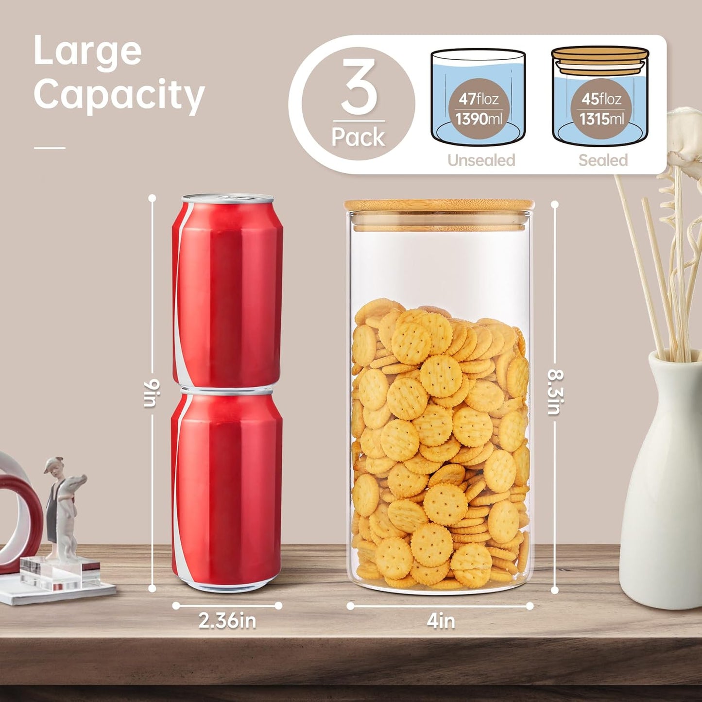 45oz - 3 Pack Glass Jars with Bamboo Lids, Glass Pantry Storage Containers with Airtight Lids