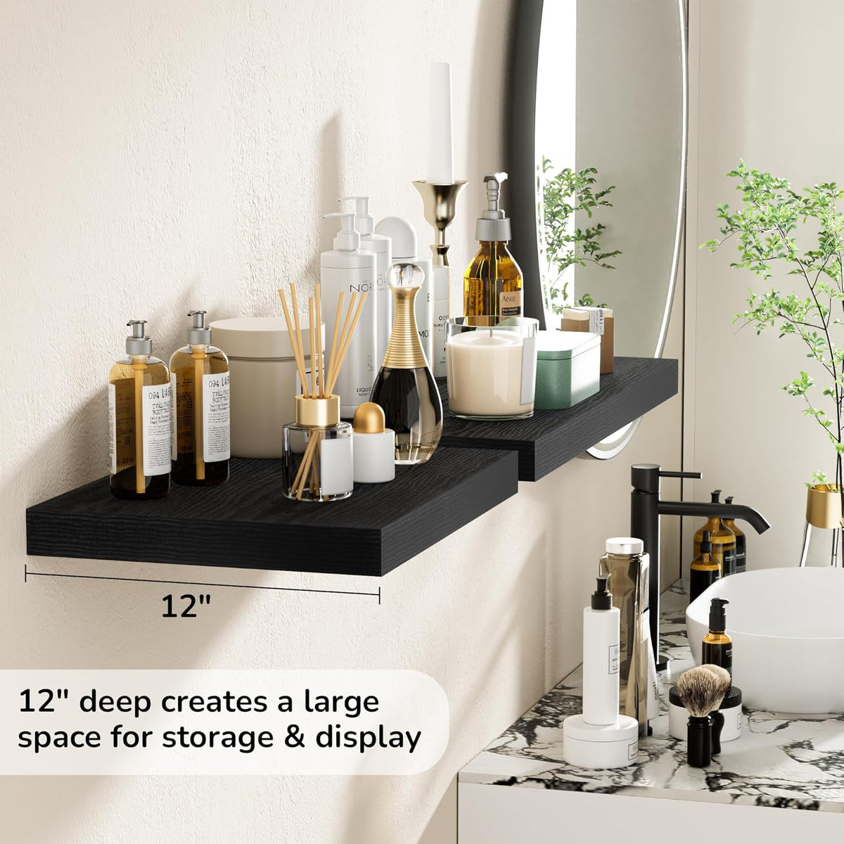 Fun Memories Floating Shelves - 2 Pack 12 Inch Deep Rustic Wooden Wall Shelves - Extra Deeper &