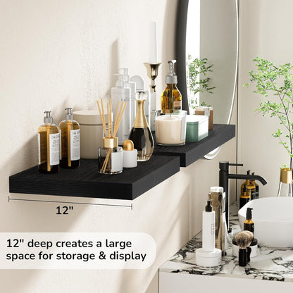 Fun Memories Floating Shelves - 2 Pack 12 Inch Deep Rustic Wooden Wall Shelves - Extra Deeper &