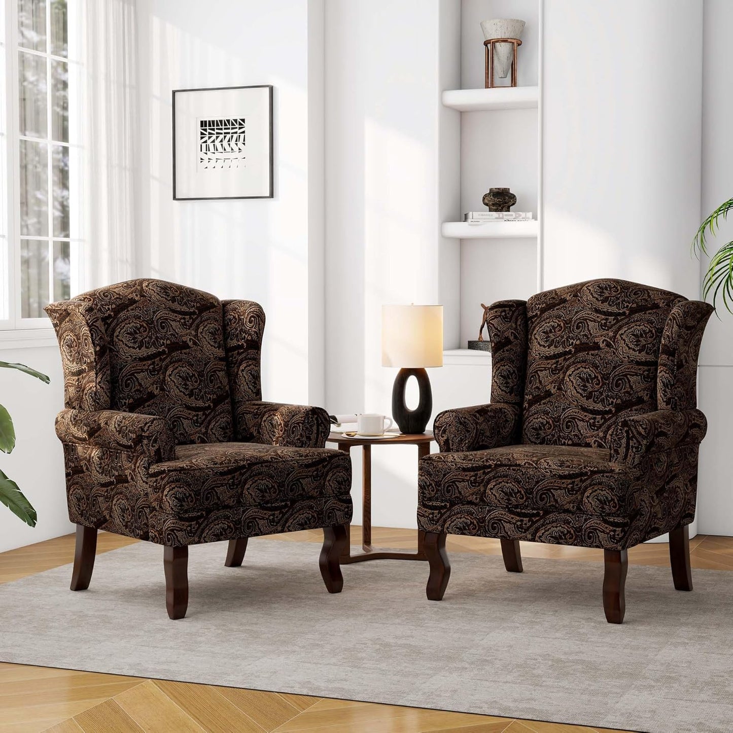 Accent Chair, High Back Upholstered Armchair with High Resilience Sponge & Wood Legs, Mid-Century