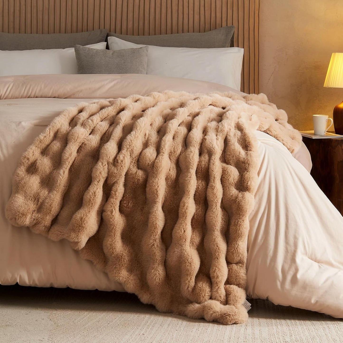 Lotus Karen Faux Fur Throw Blanket Khaki - Big Bubble Rabbit Fluff Blanket for Couch, Small Fluffy