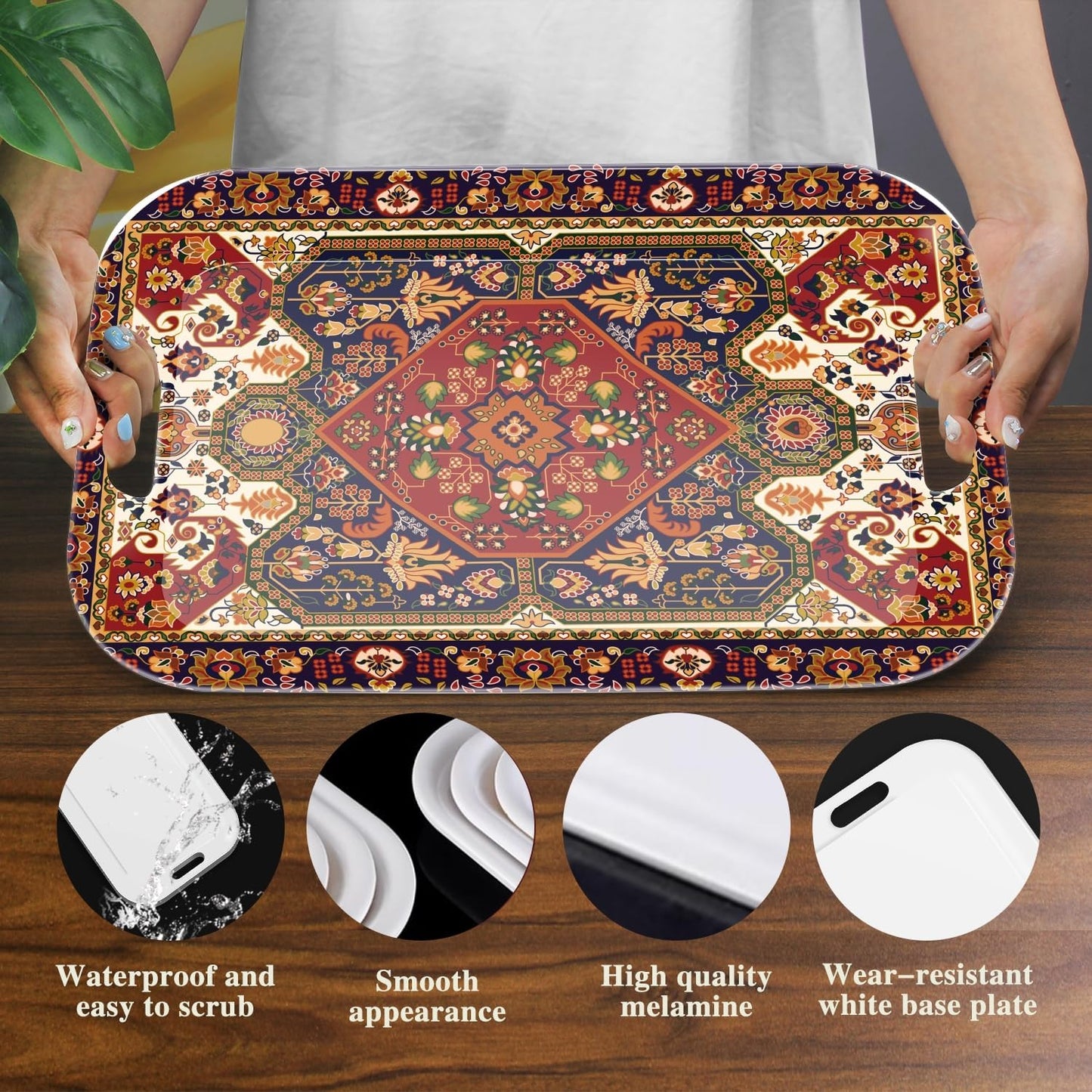 Serving Trays with Handles, 14.5 x 9.8 inch Rectangular Plastic Tray for Restaurant, Kitchen, Dark