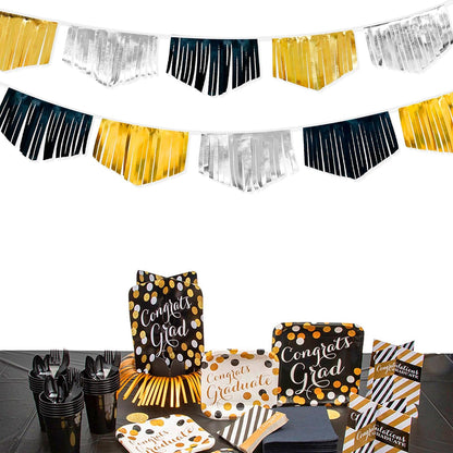 Black Silver Gold Tassel Banner Double Sided Metallic Fabric Pennant Bunting Flag Garland for