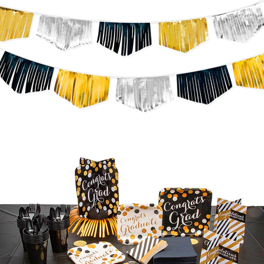 Black Silver Gold Tassel Banner Double Sided Metallic Fabric Pennant Bunting Flag Garland for