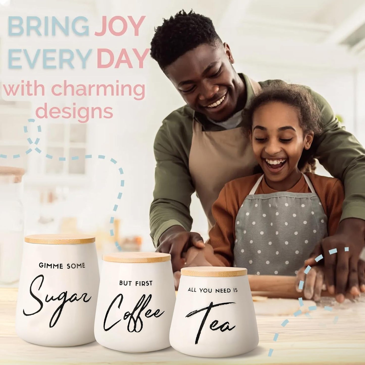 Coffee Tea and Sugar Ceramic Canister Set - 3-Piece Airtight Kitchen Canisters for Countertop