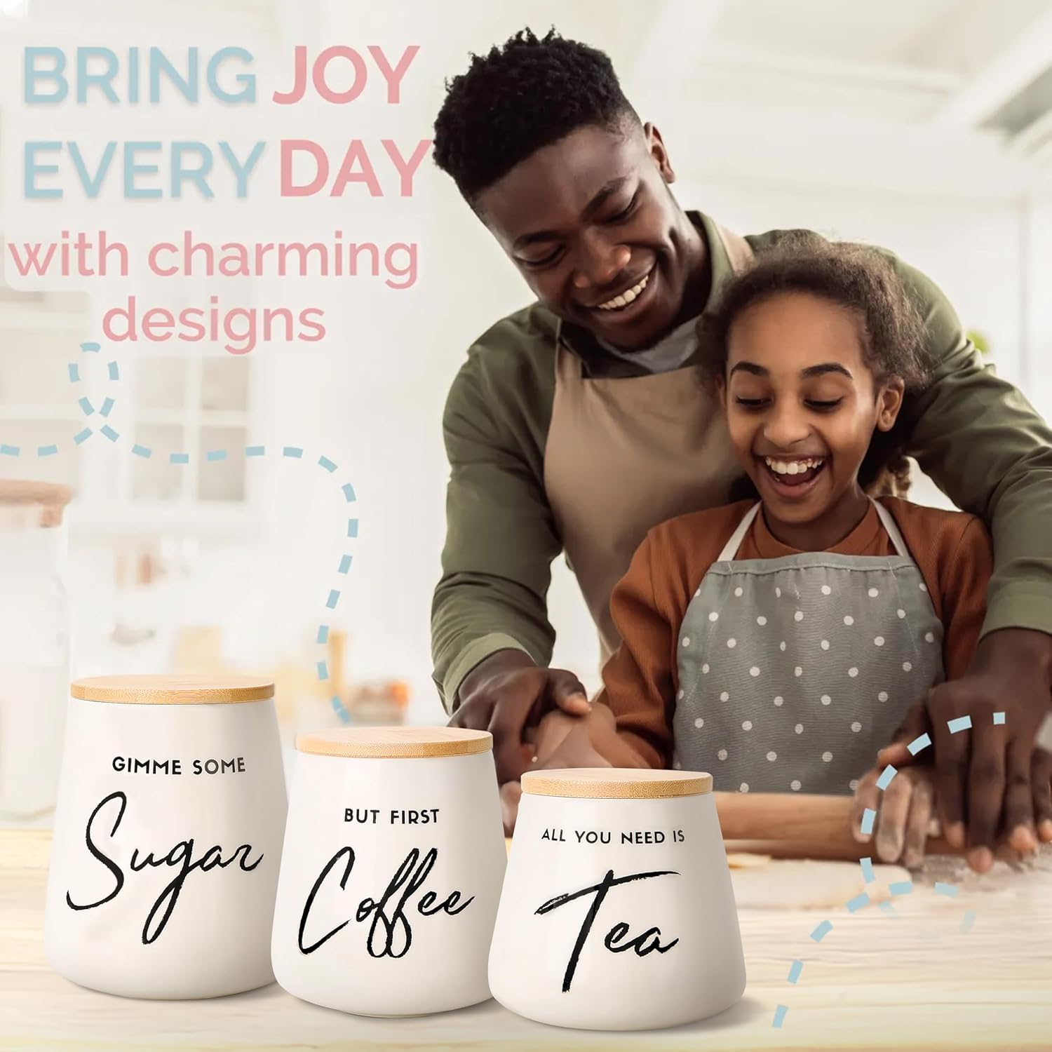 Coffee Tea and Sugar Ceramic Canister Set - 3-Piece Airtight Kitchen Canisters for Countertop