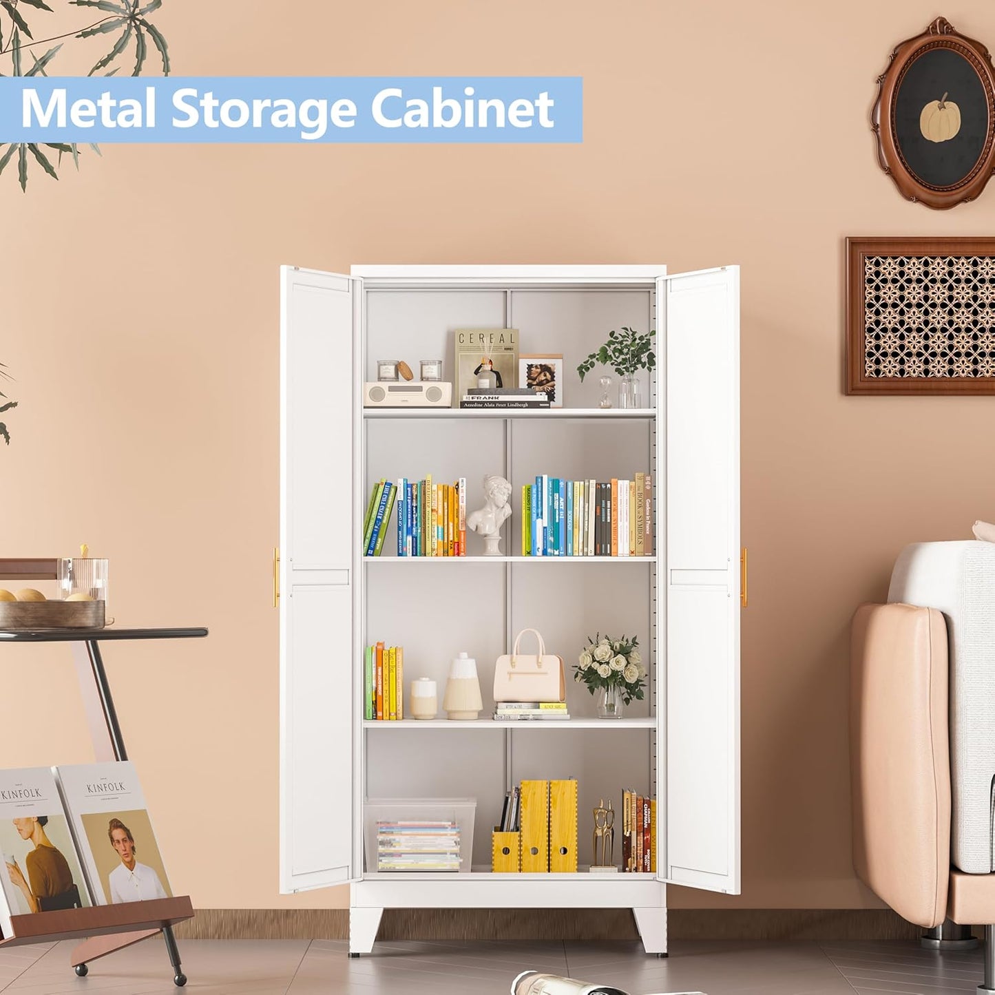 White Metal Storage Cabinet, 48" Steel Cabinets for Home Office, Kitchen Pantry Storage Cabinet