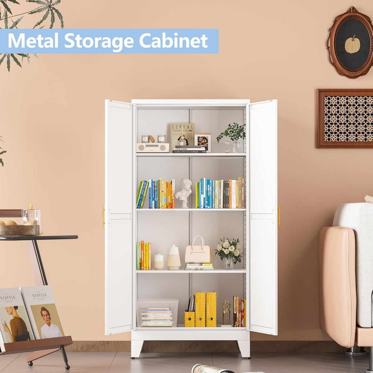 White Metal Storage Cabinet, 48" Steel Cabinets for Home Office, Kitchen Pantry Storage Cabinet