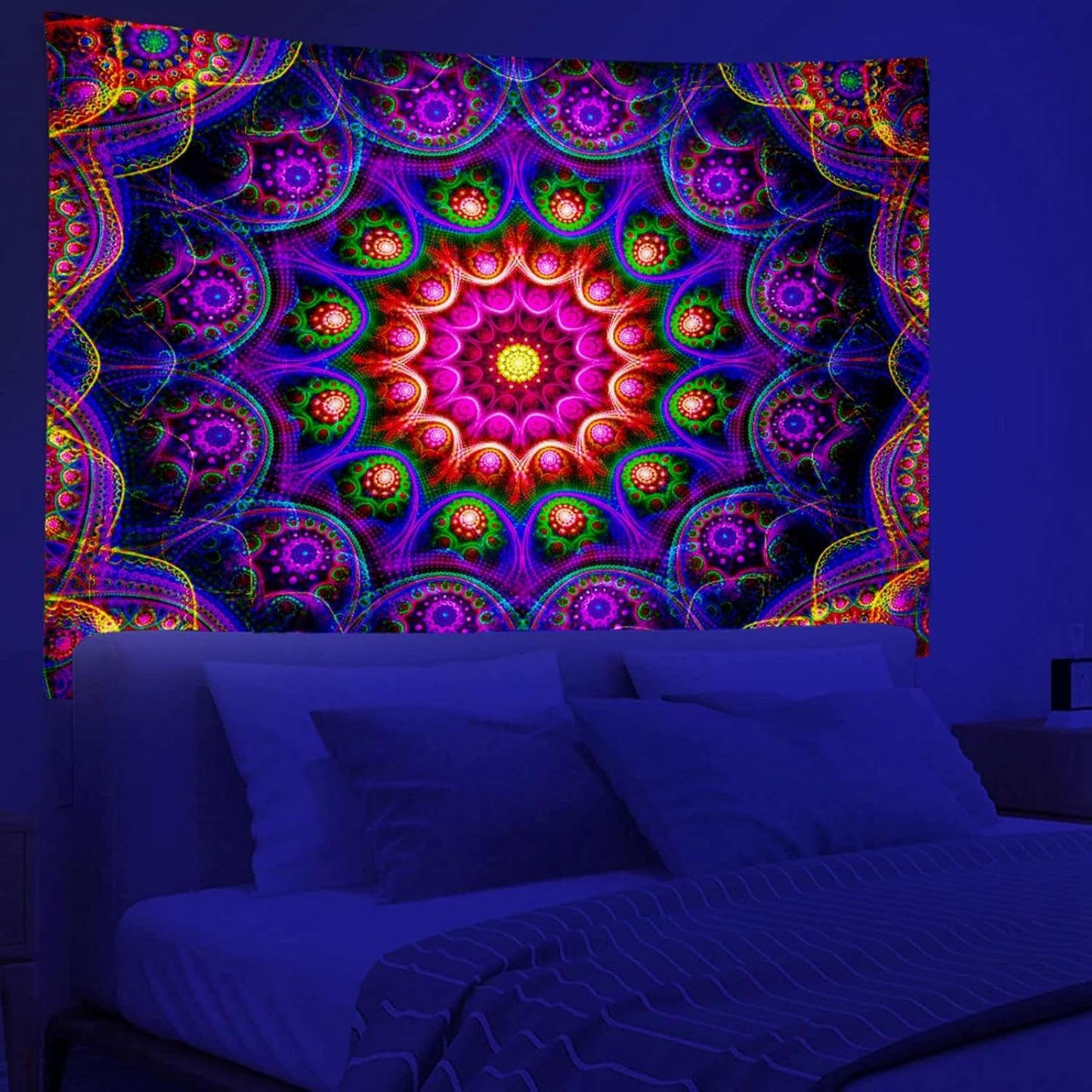Blacklight Trippy Mandala Tapestry, Boho Black Light Posters for Adults UV Reactive Room Decor for