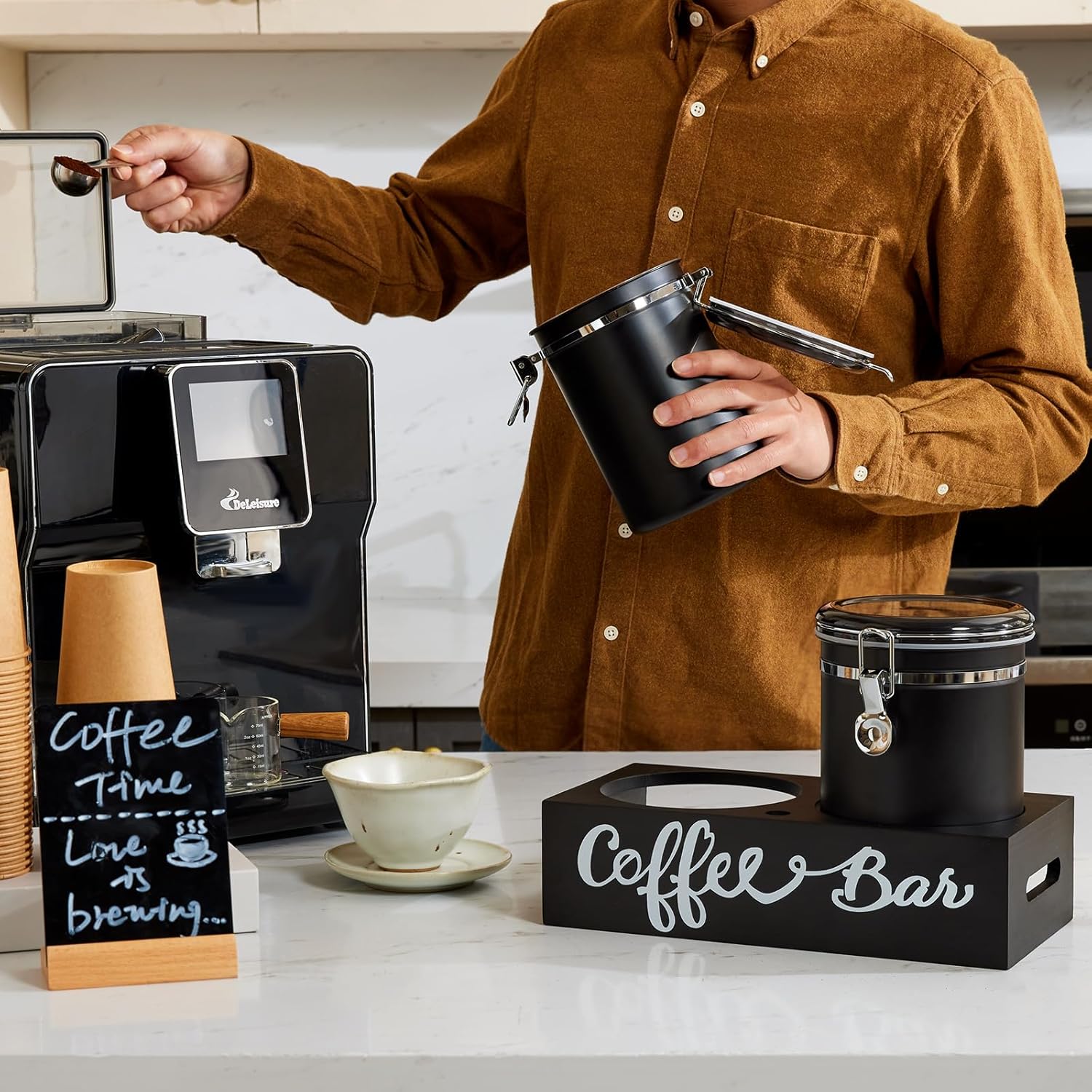Yangbaga 2 x 63OZ Stainless Steel Coffee Canisters with Handle Shelf, Airtight Locking Clamp &