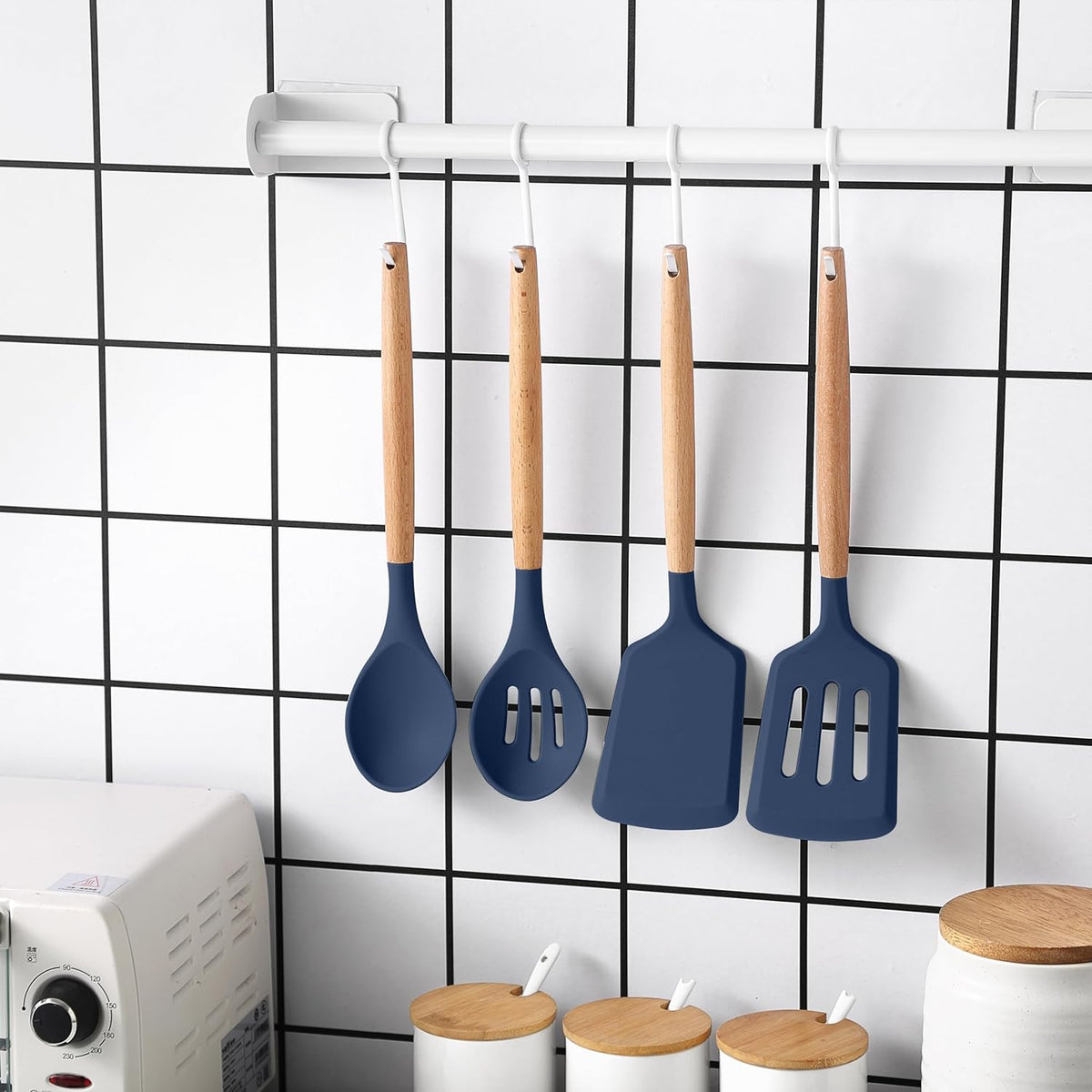Country Kitchen Non Stick Silicone Utensil Set with Rounded Wood Handles for Cooking and Baking, 14