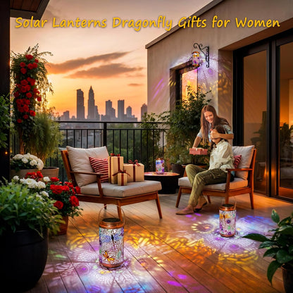 2Pack Solar Outdoor Lanterns Waterproof Multicolor Dragonfly Garden Gifts for Mom Women Backyard