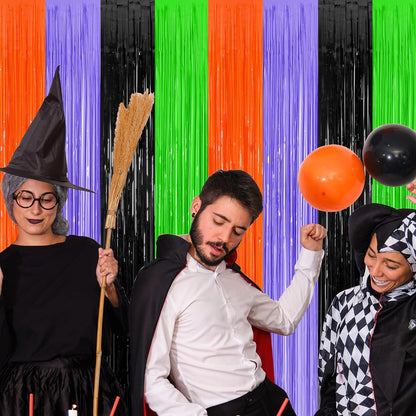 2 Pack Halloween Backdrop, 3.28 FT x 7.05 FT Orange Purple Black Green Party Streamer, Metallic