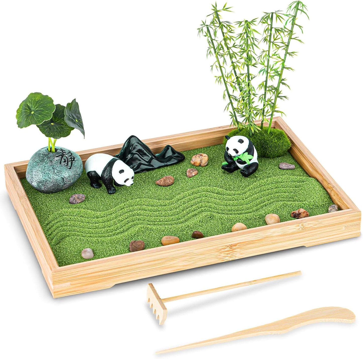 Zen Garden Kit for Desk 11''x7.5'' Room Decor with Green Sand, Panda Decorative Ornaments