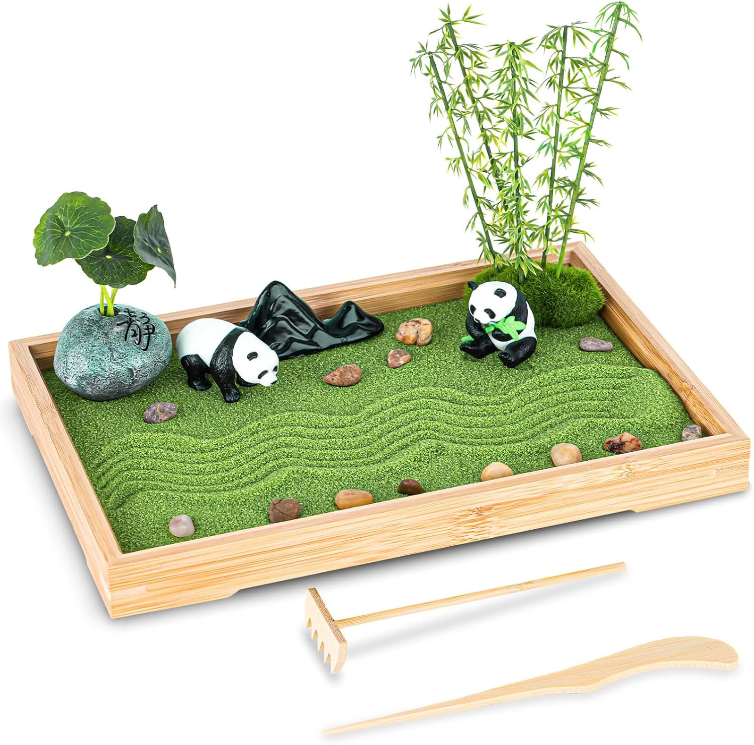 Zen Garden Kit for Desk 11''x7.5'' Room Decor with Green Sand, Panda Decorative Ornaments