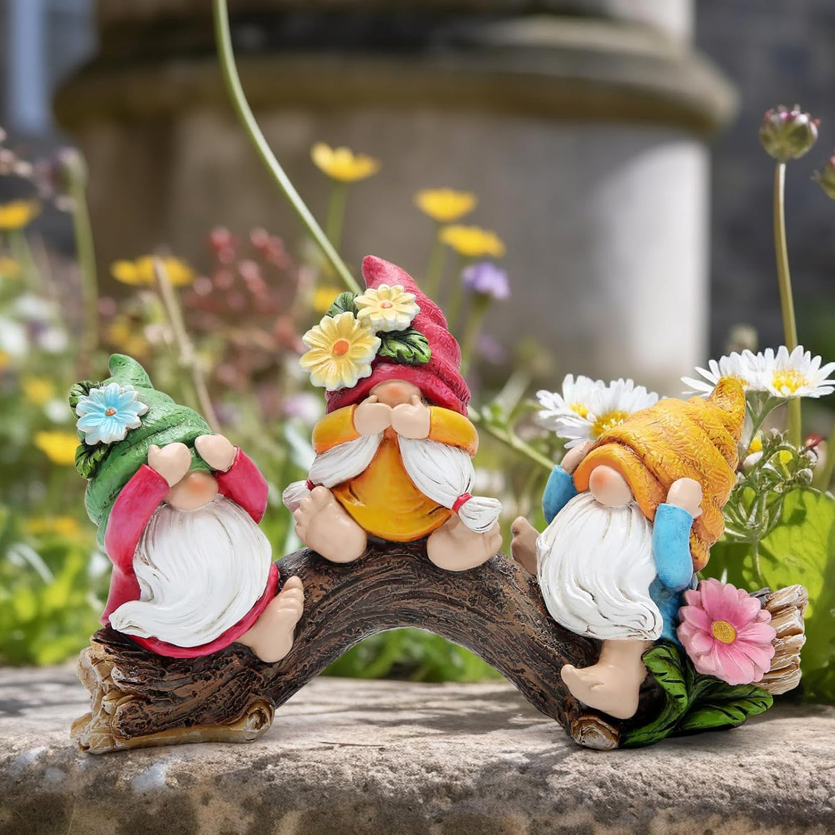Hodao Spring Hear-No, See-No, Speak-No Gnomes Figurines Decorations Outdoor Flower Gnome Ornaments