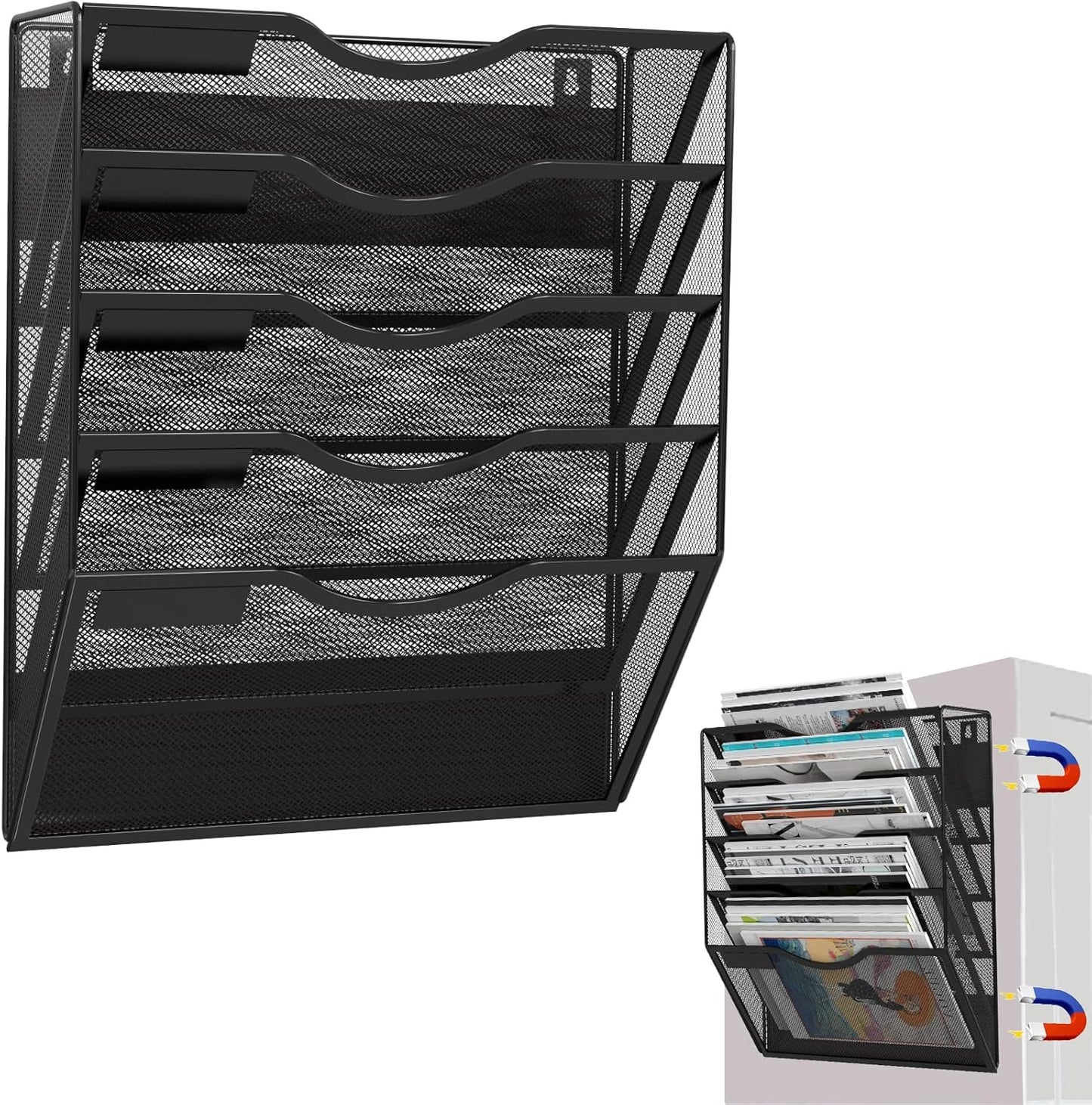 5-Tier Magnetic File Holder, No Drilling Installation File Cabinet Organizer, Black Magnetic File