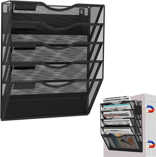 5-Tier Magnetic File Holder, No Drilling Installation File Cabinet Organizer, Black Magnetic File