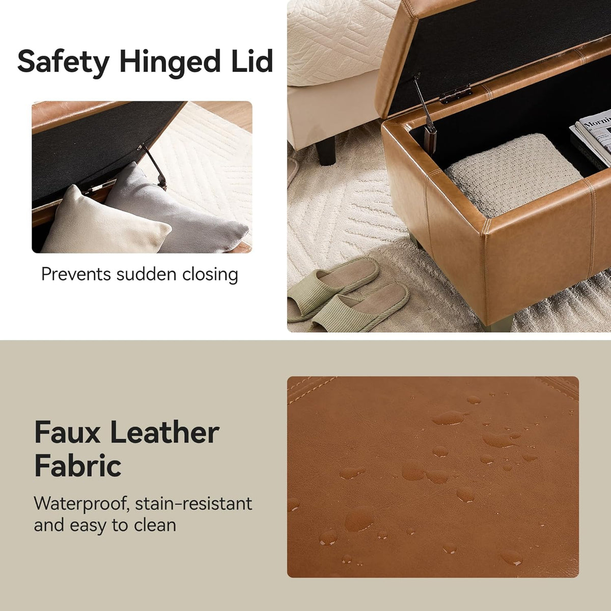 51" Faux Leather Storage Ottoman, Stitch Tufted Rectangle Upholstered End of Bed Storage Bench