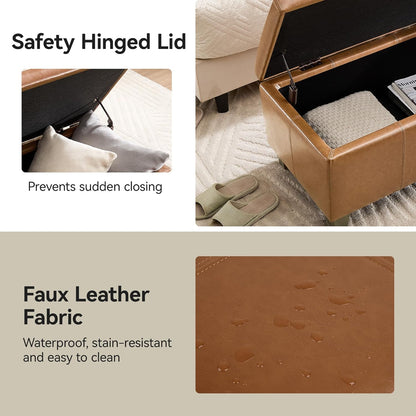51" Faux Leather Storage Ottoman, Stitch Tufted Rectangle Upholstered End of Bed Storage Bench