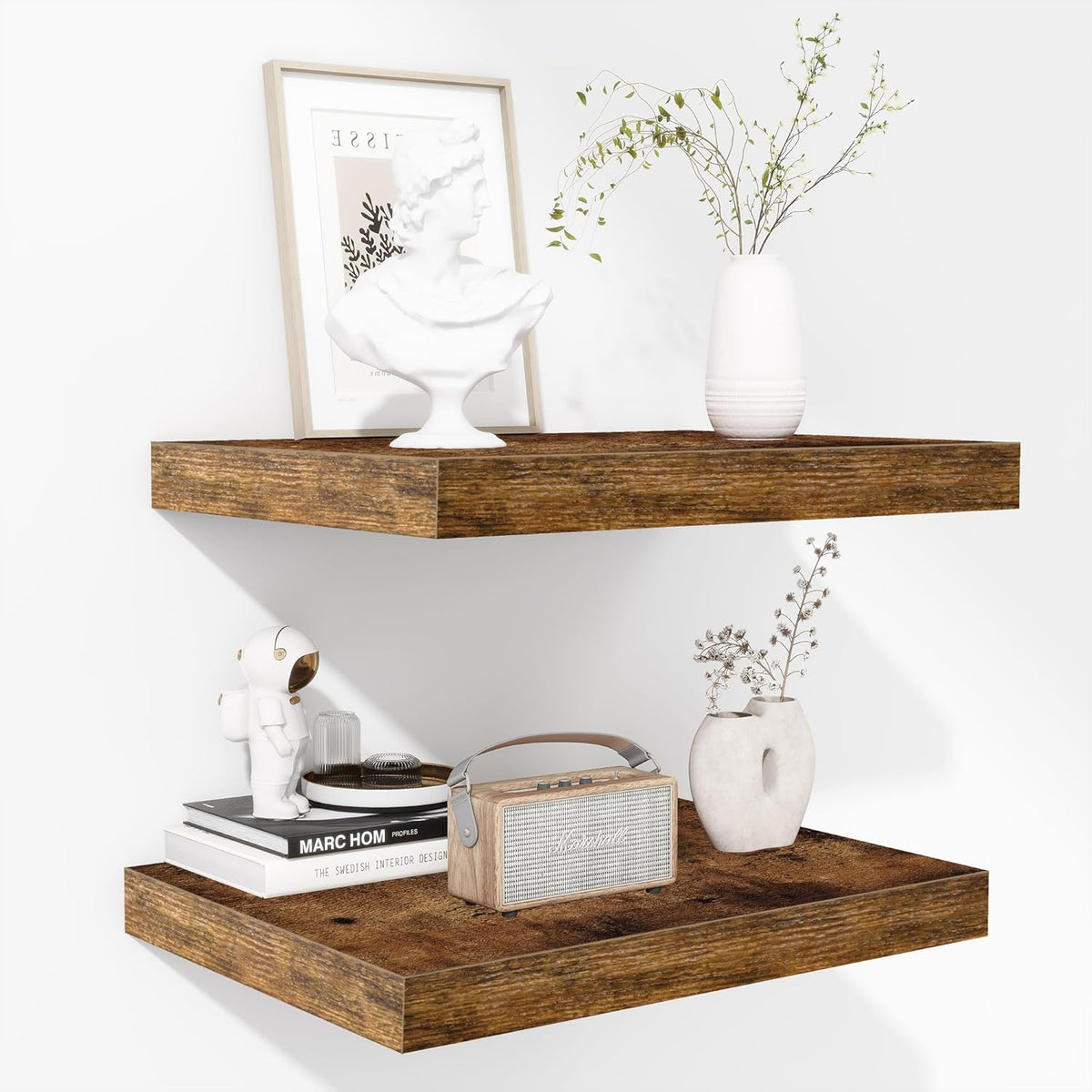 Fun Memories Floating Shelves - 2 Pack 12 Inch Deep Rustic Wooden Wall Shelves - Extra Deeper &