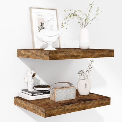 Fun Memories Floating Shelves - 2 Pack 12 Inch Deep Rustic Wooden Wall Shelves - Extra Deeper &